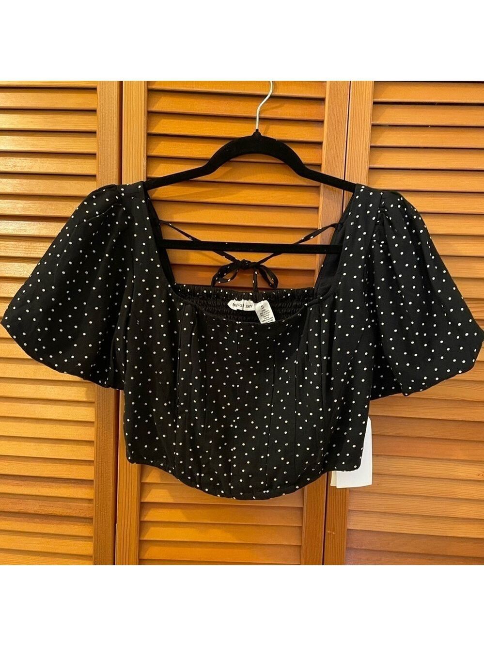 Midnight Sky Cropped Top, Size S, Black Polka-Dots, Puff Sleeves, Shirred Back.